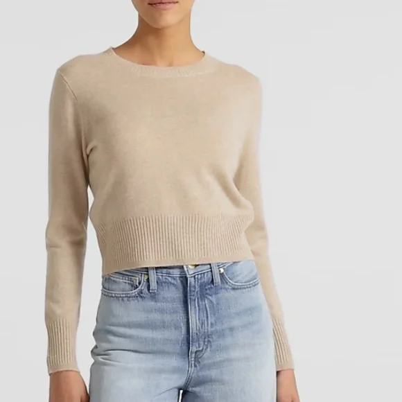 J. Crew Shrunken Cropped 100% Cashmere Sweater - Tan - Large - NWOT - Picture 1 of 6